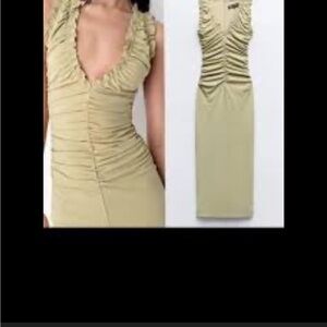 Zara Ruched V-Neck Sleeveless Midi Dress in Light Olive